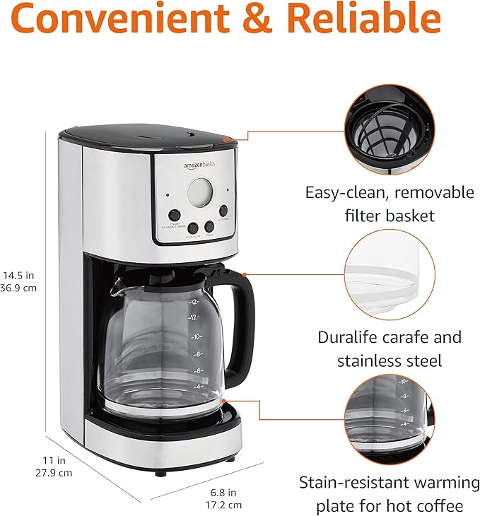 Amazon Basics Programmable Coffeemaker with Carafe and Reusable Filter Stainless Steel 12 Cups Black