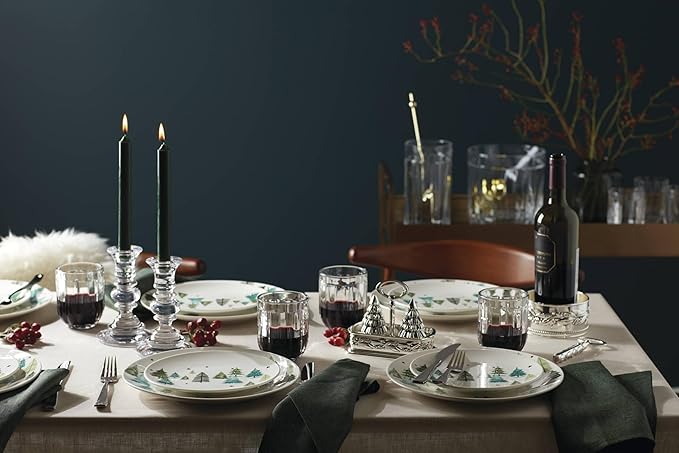 Lenox Dinnerware Balsam Lane 12-Piece Dinnerware Set Service For 4 Porcelain Dishwasher &amp Microwave Safe Plates &amp Bowls Sets Christmas Holiday Hosting Home and Kitchen (White/Green 12