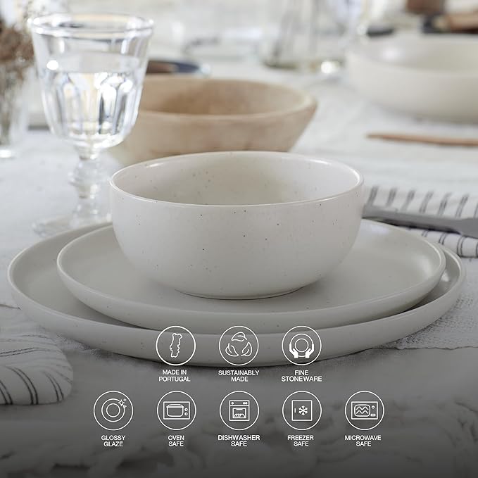 Casafina Ceramic Stoneware 3-Piece Place Setting Service for 1 Pacifica Collection Vanilla | Microwave &amp Dishwasher Safe Dinnerware Set | Food Safe Glazing | Restaurant Quality Tableware