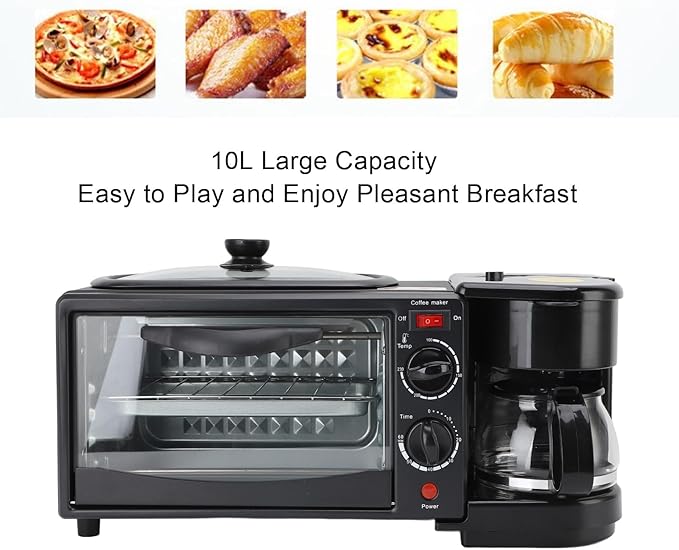 Breakfast Station 3 in 1 Toaster Oven ＆ Coffee Maker Large Capacity Versatile Breakfast Maker with 100°C-230°C Adjustable Temperature and 60min Timer for Apartments Kitchen