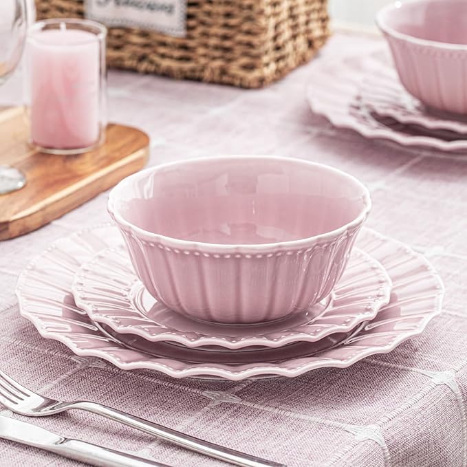 HOMBENE Plates and Bowls Sets for 4 16 Piece Dinnerware Sets Porcelain Plate set Ceramic dish set Wedding kitchen &amp dining Microwavable Dreamy Sakura Pink