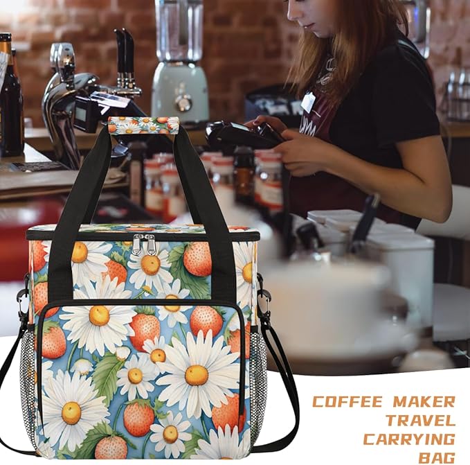 Strawberry Daisy Coffee Maker Carring Bag Travel Carrying Storage Tote Bag Compatible with Keurig K-Mini or K-Mini Plus Portable Single Serve Coffee Brewer Case with Pockets for K-cup Pods