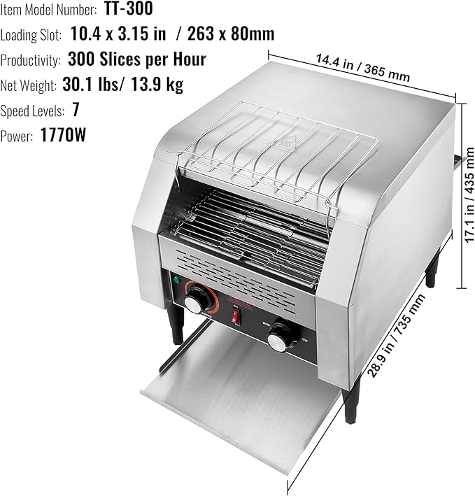 VEVOR Commercial Conveyor Toaster 300 Slices/Hour Heavy Duty Stainless Steel Electric Restaurant Toaster for Toast Bun Bagel Bread