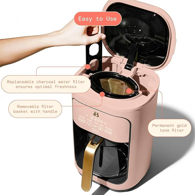 B by Drew Barrymoree Coffee Maker 14-Cup Programmable with Touchscreen 1-4 Cup Setting &amp Keep Warm (Rose)