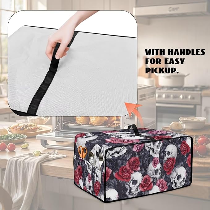 Skull Rose Print Toaster Oven Dust Cover for Kitchen Counter Decorative Washable Toaster Oven Air Fryer Cover Dust Protection 18.5 x 14.5 x 9 Grey and Red
