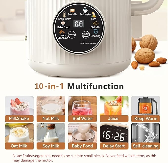 Upgraded 10-in-1 Nut Milk Maker Machine with Stainless Steel Lid 40oz Soy Milk Maker for Almond Oat Coconut Juice Plant Based Milk Maker Blender with 18H Delay/Keep Warm/Self Cleaning