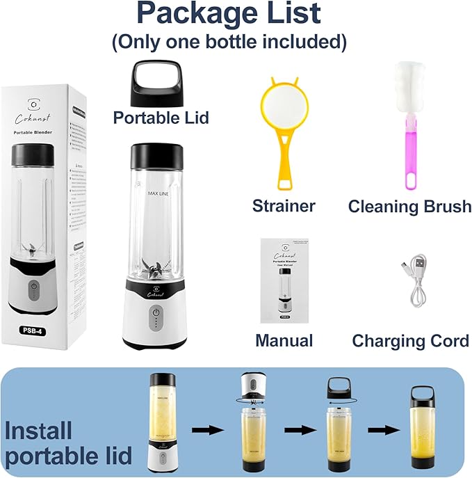 COKUNST 18oz Portable Blender USB Rechargeable Personal Size Blenders Smoothie Blender with 6 Blades for Protein &amp Shakes Mini juicer with Extra Handle Lid for Travel Sports Outgoing White