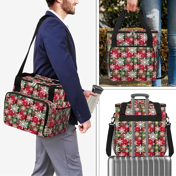 Christmas Snowflake Plaid Green Coffee Maker Carring Bag Travel Carrying Storage Tote Bag Compatible with Keurig K-Mini or K-Mini Plus Portable Single Serve Coffee Brewer Case with Pockets