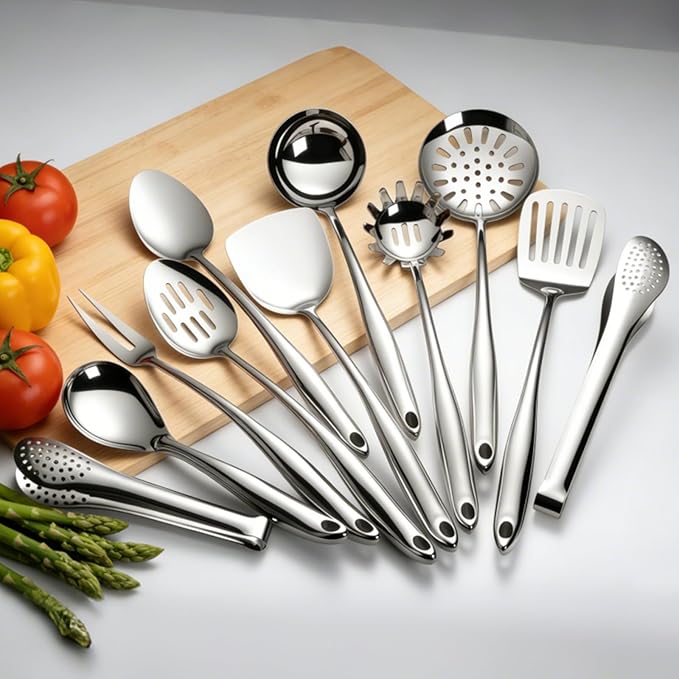 18/10 Stainless Steel Cooking Utensils Set 11 PCS Long Large Metal Cooking Utensil Tools Set Mirror Polished Kitchen Gadget Cookware and Kitchen Tool Set Dishwasher Safe