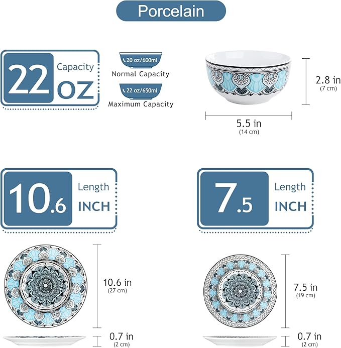 VEWEET VCW-AUD18 'Audrie' Porcelain Dinner Service Set for 6 People with 6 Cereal Bowls Dessert Plates and Flat Plates