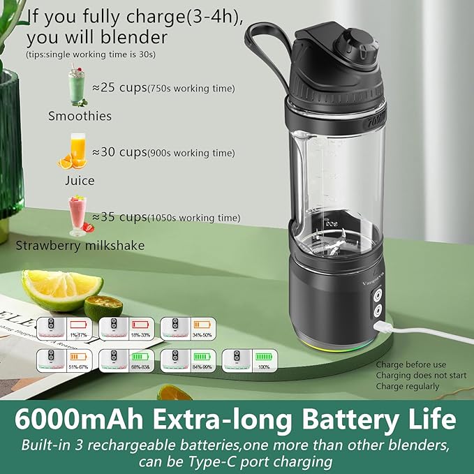 Portable Blender for Shakes and Smoothies 24oz 300W Travel Blender USB Rechargeable Type-C 6000 mAh Personal Blender for Smoothies Protein Shakes with a Travel Lid &amp BPA Free Bottle(Black)