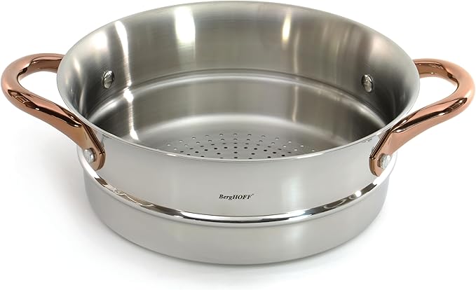 BergHOFF Ouro Gold 3Pc 18/10 Stainless Steel Steamer Set With Glass Lids Rose Gold Handle PFOA-free Induction Cooktop Ready Even Heat
