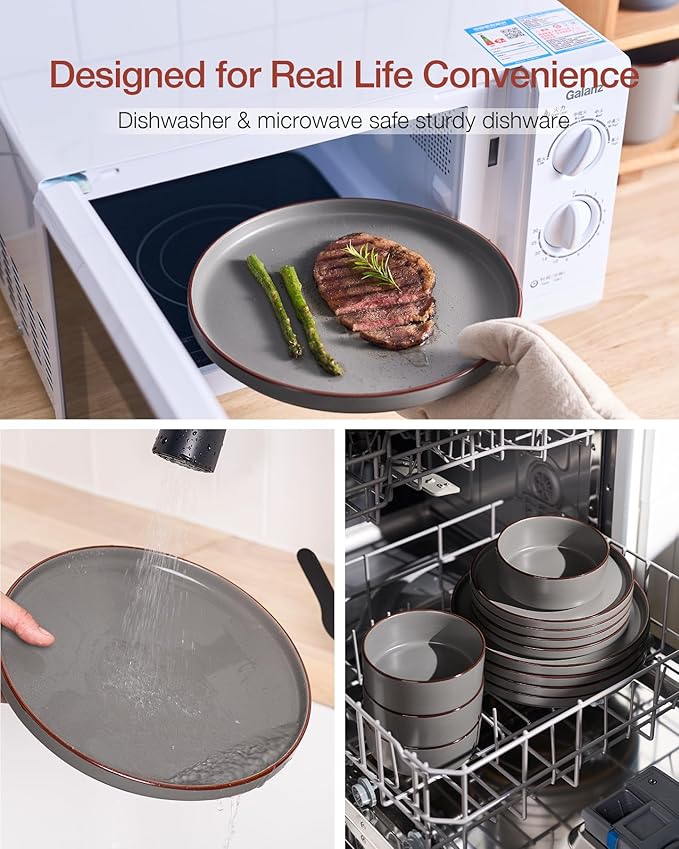 Famiware Nebula Ridge Stoneware Dinnerware Sets for 8 24 Pieces Plates and Bowls Sets Dishes Set Microwave and Dishwasher Safe Kitchen Plates Dark Gray