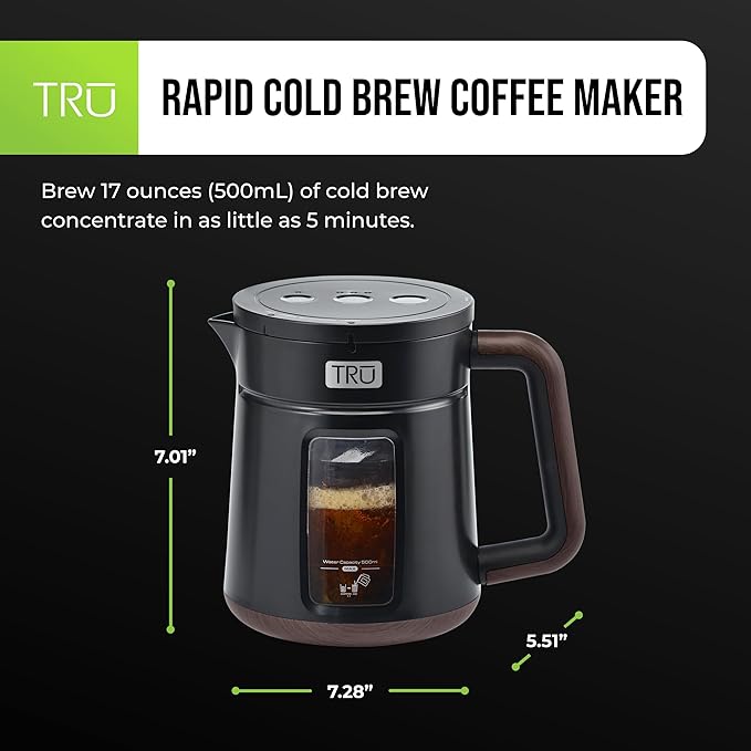 Tru Rapid Cold Brew Coffee Maker by Select Brands - Fast Cold Brew Machine with 3 Brew Settings - Features Removable Brew Chamber &amp Patented Vacuum Technology