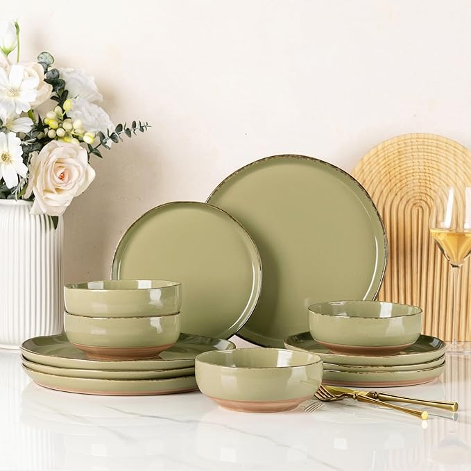 AmorArc Ceramic Dinnerware Sets for 4 12 Pieces Handpainted Plates and Bowls Set with Rustic Terracotta Underside Scratch Resistant Stoneware Dishes Set Dishwasher &amp Microwave Safe Olive Green