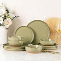 AmorArc Ceramic Dinnerware Sets for 4 12 Pieces Handpainted Plates and Bowls Set with Rustic Terracotta Underside Scratch Resistant Stoneware Dishes Set Dishwasher &amp Microwave Safe Olive Green
