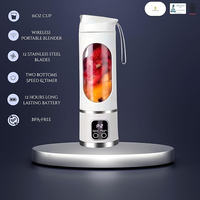 Paramexview® Portable Blender 16oz/500ml for Juices &amp Smoothies with 12 Stainless Steel Blades | USB Rechargable &amp 3 Levels Multi-Speed Control | 50W Powered fusion Portable Blender