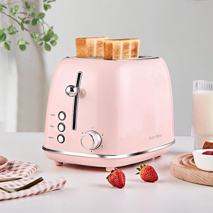 Roter Mond 2 Slice Toaster Retro Stainless Steel with Bagel Cancel and Defrost Functions 6 Bread Shade Settings Extra Wide Slots and Removable Crumb Tray Pink
