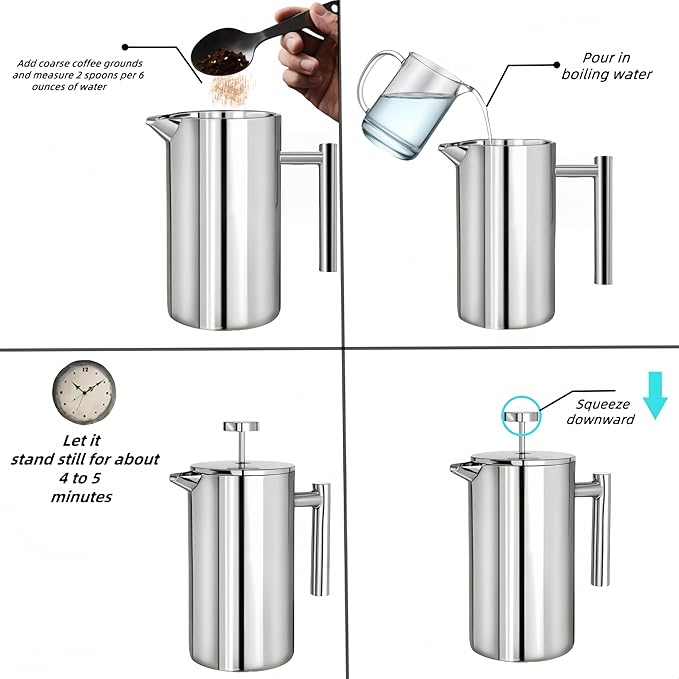 French Press Coffee Maker 34 Oz Dual-wall insulation easy clean durable Stainless Steel French Press Coffee Maker Food grade safe and reliable suitable for home and camping silver.