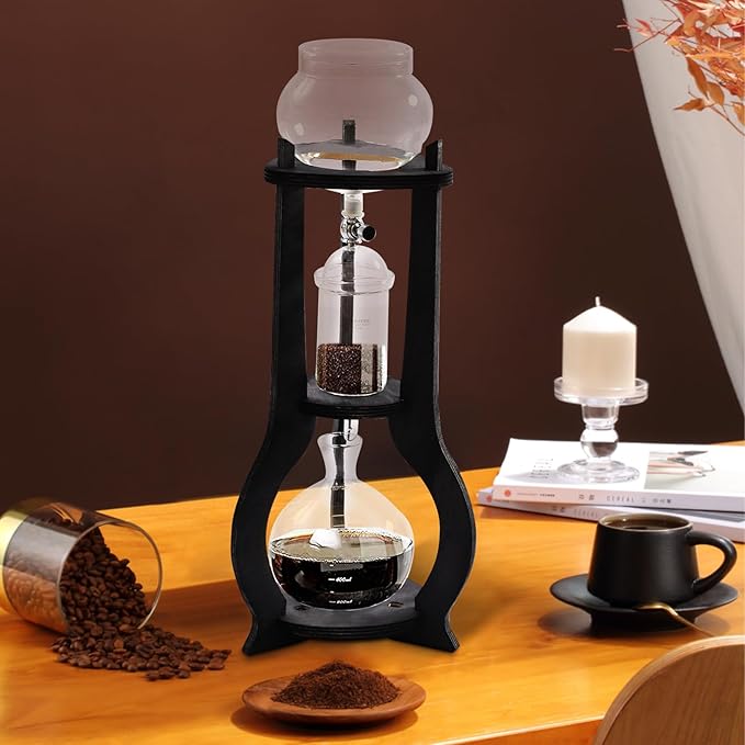 Grey Cold Brew Drip Tower Coffee Maker 6-8 Cup 600 ml Wooden Frame Adjustable Valve Ice Coffee Brewer Borosilicate Glass Server Slow Dutch Dripper for Kitchen Office Cafe Compact Iced Coffee