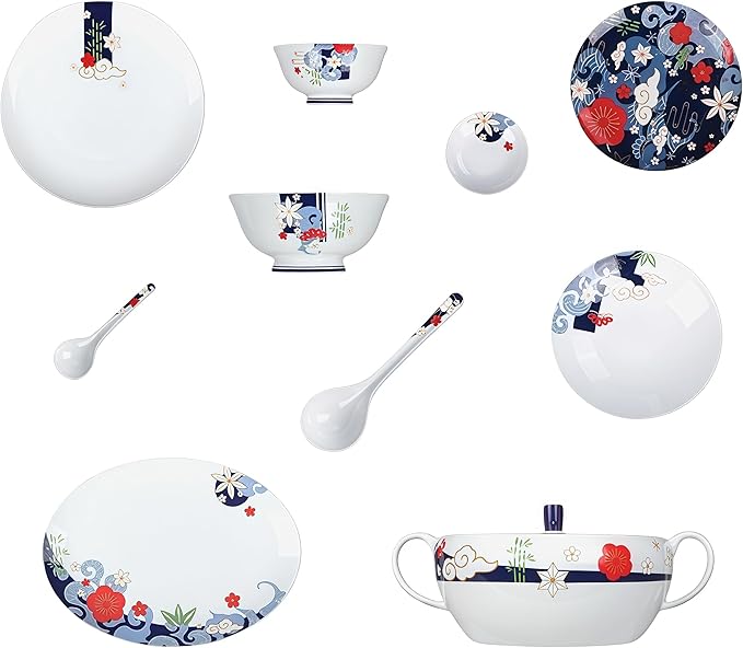 Fine Bone China Dinnerware SetPorcelain&ampCeramic Dinnerware SetsBone Stoneware &amp Ceramic Cookware Tableware Set Includes Dinner Plates|Spoons|Pasta Bowls|Soup Pot|Chopsticks (30PCS * 6-Person