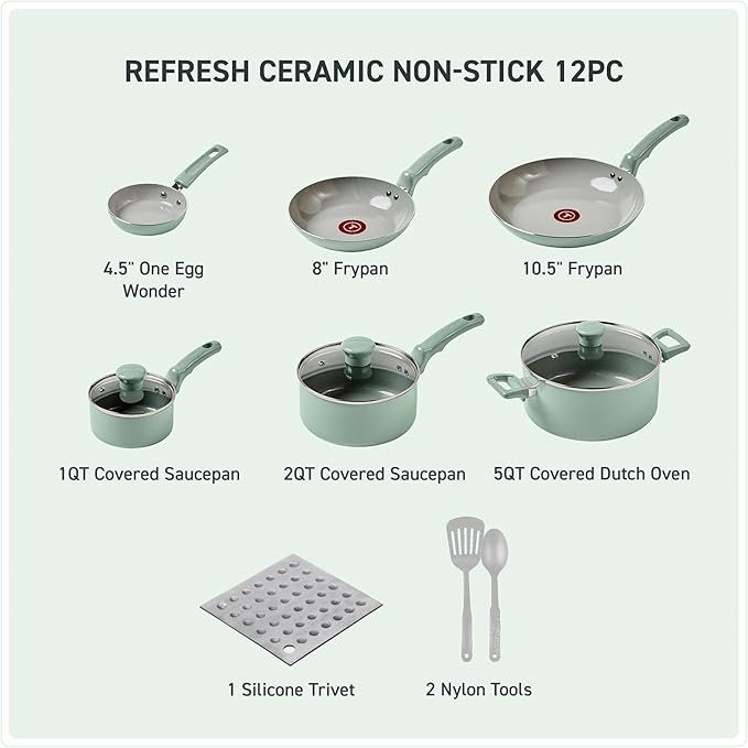 T-Fal Refresh Ceramic Nonstick Cookware Set Oven Safe Up to 350ºF 12-Piece Includes Stockpot Griddle Frying Pans Utensils Ceramic Pots and Pans Set Mint Green