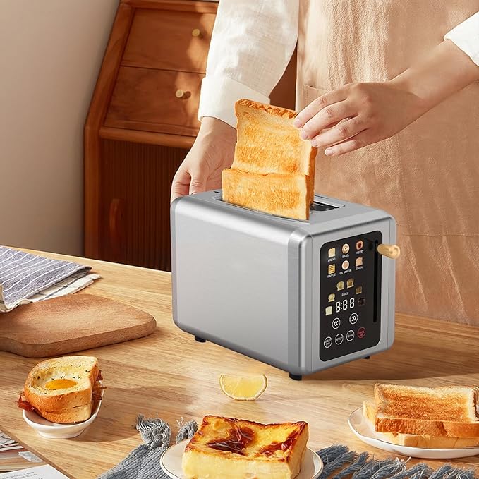 WHALL Touch Screen Toaster 2 Slice Stainless Steel Digital Timer Toaster with Sound Function Smart Extra Wide Slots Toaster with Bagel Cancel Defrost (gold))
