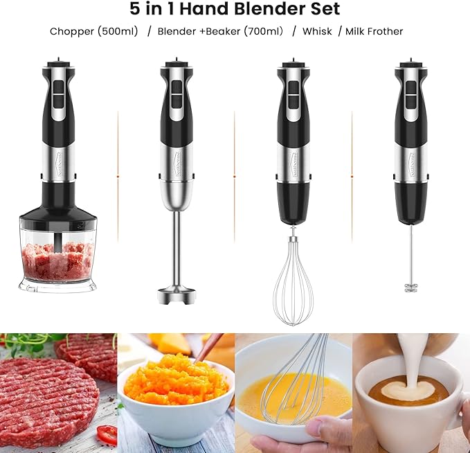 healthomse 5-In-1 Immersion Blender 800W 12-Speed Stainless Steel Hand Blender with Milk Frother Egg Whisk BPA-Free 500ml Chopper and 700ml Beaker with Lid for Soup Smoothie Baby Food