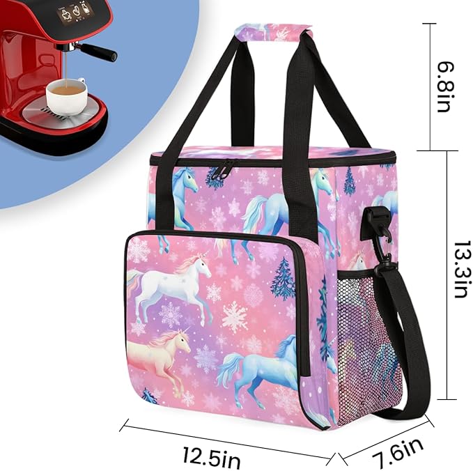 Rainbow Horse Coffee Maker Carrying Bag Snowflake Tree Travel Storage Bag Compatible with K-Mini or K-Mini Plus Single Serve Coffee Brewer Carrying Case with Multiple Pockets &amp Shoulder Strap