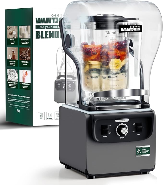 Wantjoin Commercial Quiet Blender for Kitchen Smoothie Protein Shake Licuadora Countertop Professional Electric Food Machine for Puree Milkshake Juice Drink and Ice with Silent Cover 2200ml 1800W