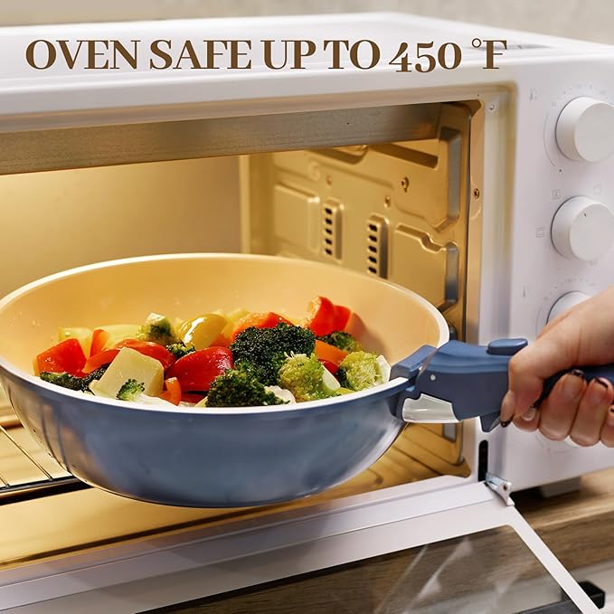 23Pcs Ceramic Cookware Set Non Stick Pots and Pans Set Non Toxic with Detachable Handle Induction Kitchen Cookware Set Space Saving Oven &amp Dishwasher Safe Navy