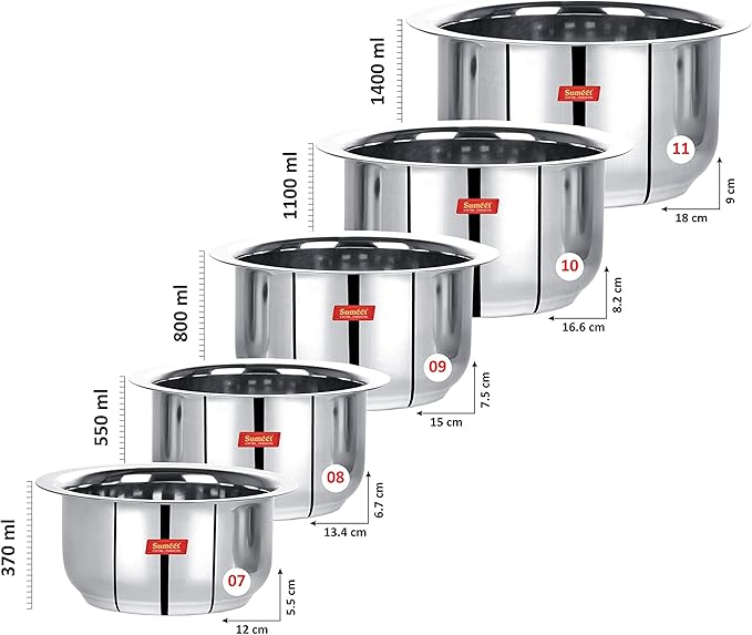 Sumeet Stainless Steel Friendly Tope/patila/cookware 370ML 550ML 800ML 1100ML1400ML 5 Piece (Steel)