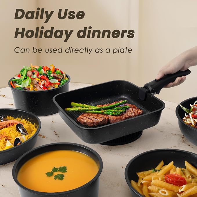 Kikcoin 21 pieces Pots and Pans Set Non-toxic 6 Nonstick pots Cookware Set with Detachable Handles Dishwasher Safe(Black)