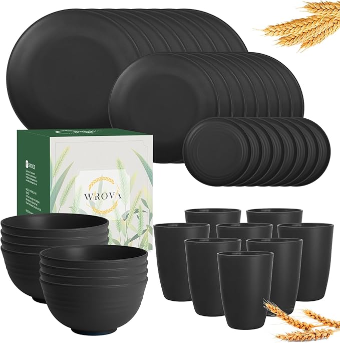 Wrova Wheat Straw Dinnerware Set of 40 Pieces - 10 &amp 9 Plates 6 Snack Plates 26oz &amp 12oz Bowls &amp Cups - Unbreakable Microwave &amp Dishwasher Safe - Black