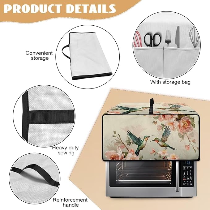 Toaster Oven Cover Heavy Duty Heat-resistant Protective Case Faux Linen Polyester Protector with Handle &amp Pockets for Home Kitchens Hummingbird Cherry Blossom