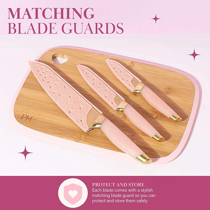 Paris Hilton Reversible Bamboo Cutting Board and Cutlery Set with Matching High Carbon Stainless Steel Knives Blade Guards Sleek Yet Comfortable Handle Grips 7-Piece Set Gold Pink