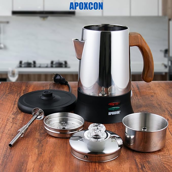 Electric Coffee Percolator Stainless Steel Coffee Maker with Tough Glass Clear Brew Progress Knob &amp On/OFF Switch Keep Warm Cordless Serve for Home and Hotel Room Use Gift Box Packaging 6 Cup