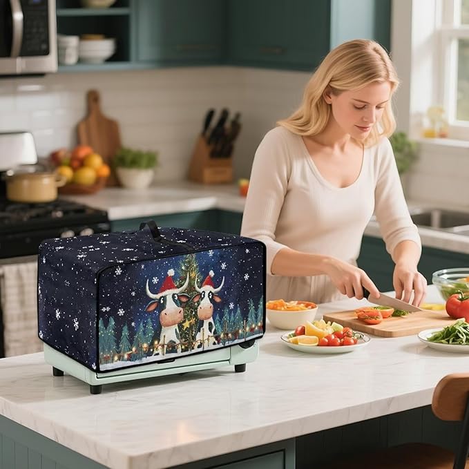 Doojoayie Christmas Cow Toaster Cover 4 Slice Dust-Proof Toaster Oven Cover Stain Resistant Bread Machine Covers Christmas Home Kitchen Decoration