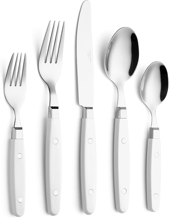 ANNOVA Silverware Set Retro/Rivet Colorful Stainless Steel Tableware Kitchen Flatware Set Utensils Includes Dinner Knives Forks Spoons Salad Forks &amp Dessert Spoons (White 20 Pieces)