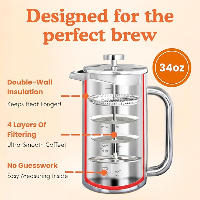 Ziruma Non-Toxic French Press Surgical Stainless Steel Coffee Press Plastic-Free Heavy Metal-Free No Endocrine Disruptors 34 Oz Double Wall 4-Layer Filter Portable Coffee Maker