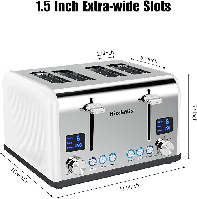 Toaster 4 Slice KitchMix Bagel Stainless Toaster with LCD Timer Extra Wide Slots Dual Screen Removal Crumb Tray (White)