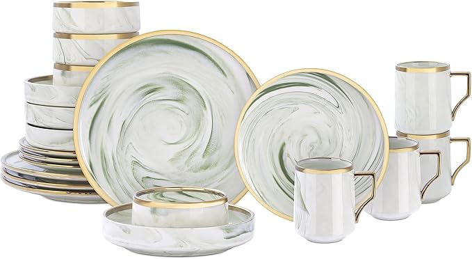 Fine China Artisan Marbled 20pc Dinner Set Green with Gold Line