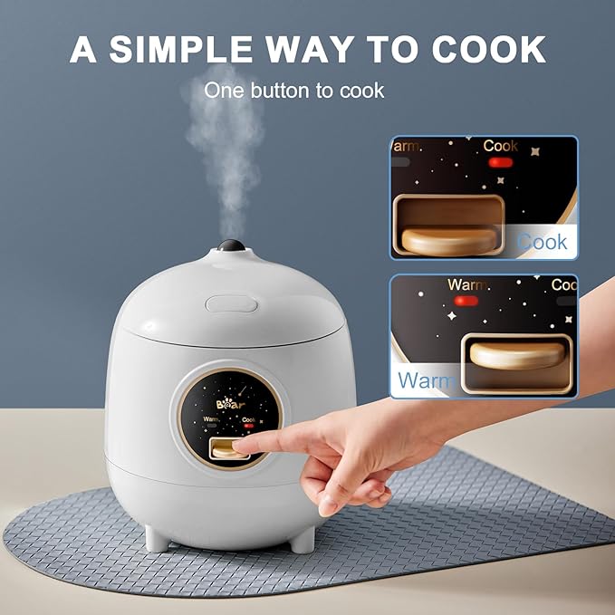 Bear Mini Rice Cooker 2 Cups Uncooked 1.2L Portable Non-Stick Small Travel Rice Cooker BPA Free One Button to Cook and Keep Warm Function White