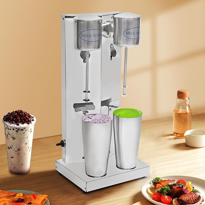 Milkshake Maker Commercial Double Head Milkshakes Maker with Milkshake Cups Stainless Steel Milk Shake Machine Electric Beverage Blender for Milk Tea Store Bar Cold Drink Store Home