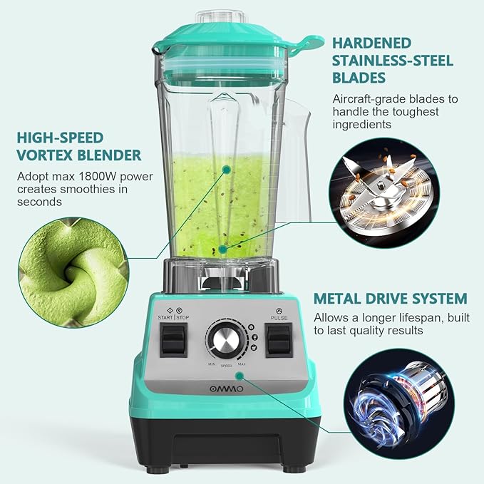 OMMO Blender 1800W Professional High Speed Countertop Blender with Durable Stainless Steel Blades 60oz BPA Free Blender for Shakes and Smoothies Nuts Ice and Fruits Dishwasher Safe