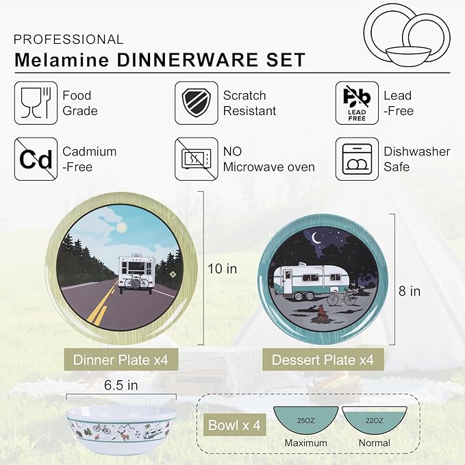 Melamine Plates and Bowls Sets12pcs Melamine Dinnerware Sets Unbreakable Dinnerware SetRV Camping Dishes SetLightweight Dishwasher Safe（White car）