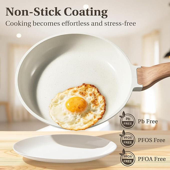 NEWBULIG Nonstick Cookware Set Granite Pots and Pans with Lids Induction Non Stick Cooking Set w/Frying Pans &amp Saucepans 25-Piece/Set Beige