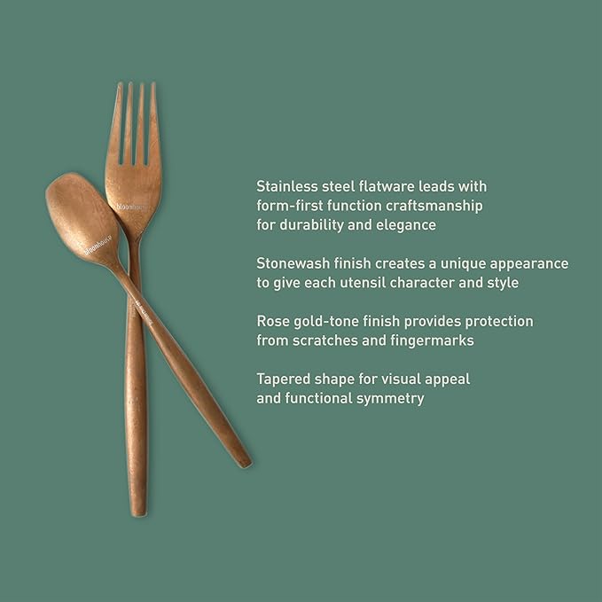 Bloomhouse - Two Time Oprah's Favorite Things Winner - 20 Piece Stone Washed Rose Gold Flatware 18/10 Stainless Steel Silverware Cutlery Utensil Set With Acacia Wood Caddy - Service for 4