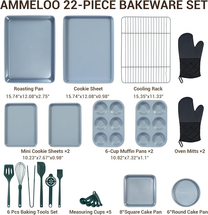 Ammeloo 18-Piece Ceramic Pots and Pans Set &amp 22-Piece Baking Pans Set Stackable Bakeware Hunter Green