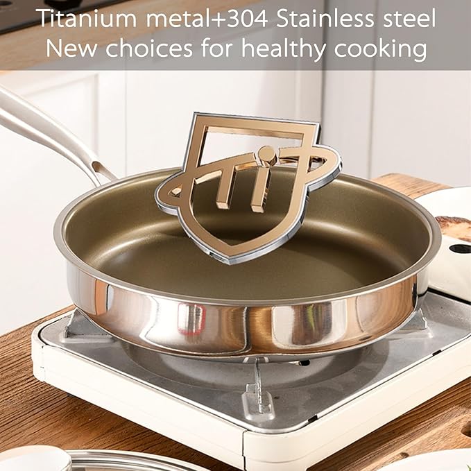 3-Piece Stainless Steel Cookware Set – Titanium Non-Stick Frying Pan with Lid Wooden Handle Milk Pot &amp SUS316 BBQ Tongs – Perfect for Home Kitchen Camping &amp Grilling